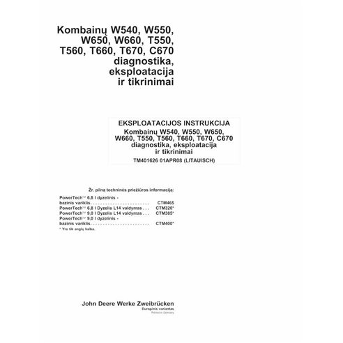 TM401626-LT Manuel technique de réparation des moissonneuses-batteuses John Deere W540, W550, W560, W660, T550, T560, T660, T...