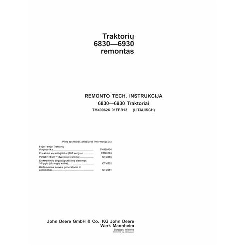 John Deere 6830, 6930 tractor pdf repair technical manual LT - John Deere manuals - JD-TM400626-LT