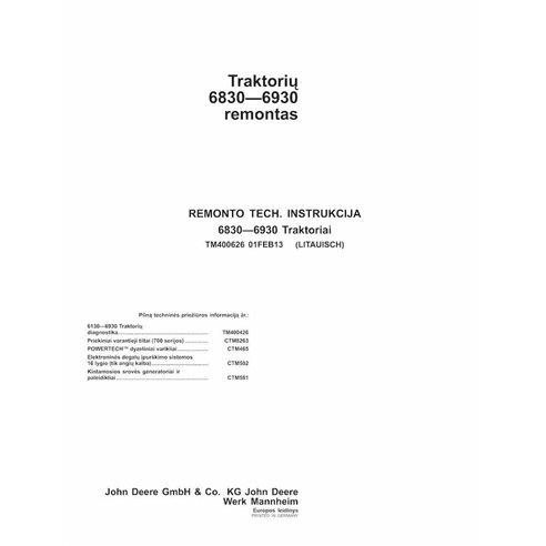 TM400626-LT John Deere 6830, 6930 tracteur pdf réparation manuel technique LT