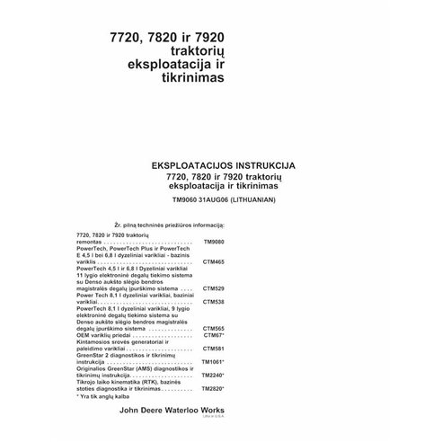 John Deere 7720, 7820, 7920 trator pdf operação e teste manual técnico LT - John Deere manuais - JD-TM9060-LT