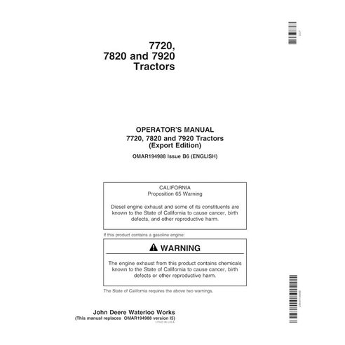 JD-OMAR1949883 Manual del operador del tractor John Deere 7720, 7820, 7920 (OMAR1949883)
