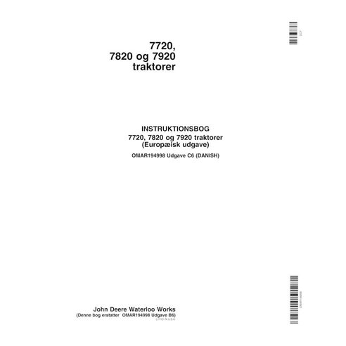 John Deere 7720, 7820, 7920 trator pdf manual do operador DA - John Deere manuais - JD-OMAR194998-DA