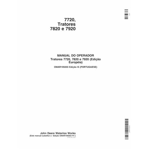 John Deere 7720, 7820, 7920 trator pdf manual do operador PT - John Deere manuais - JD-OMAR195003-PT