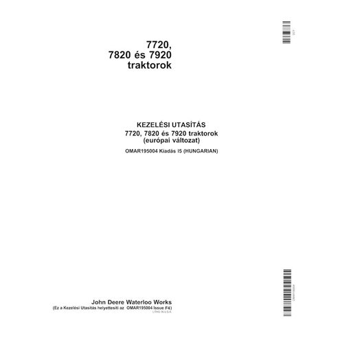 John Deere 7720, 7820, 7920 trator pdf manual do operador HU - John Deere manuais - JD-OMAR195004-HU