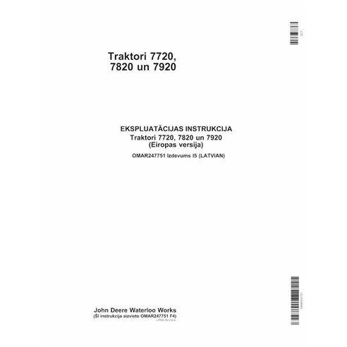 John Deere 7720, 7820, 7920 tractor pdf operator's manual LV - John Deere manuals - JD-OMAR247751-LV