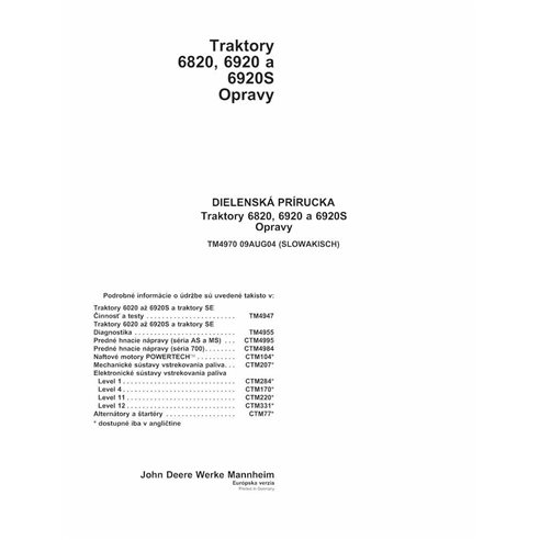 John Deere 6820, 6920, 6920S tractor pdf manual técnico de reparación SK - John Deere manuales - JD-TM4970-SK