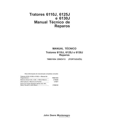 John Deere 6110J, 6125J, 6130J trator pdf reparação manual técnico PT - John Deere manuais - JD-TM801954-PT