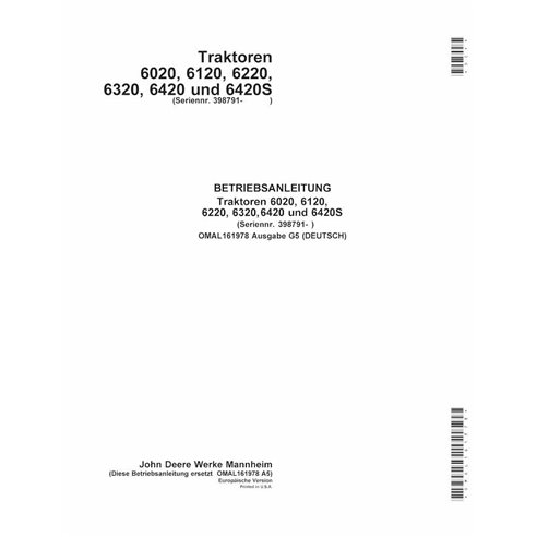 John Deere 6020, 6120, 6220,\r\n6320, 6420, 6420S tractor pdf operator's manual DE - John Deere manuals - JD-OMAL161978-DE