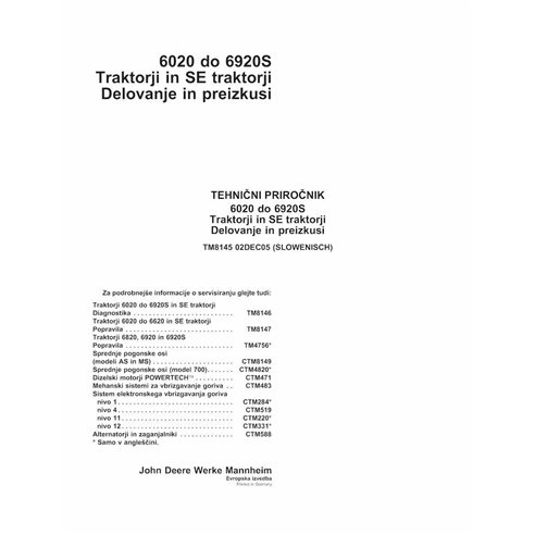 TM8145-SL Manual técnico de diagnóstico para tratores John Deere 6020, 6120, 6220, 6320, 6420, 6520, 6620, 6820, 6920 SL (TM8...