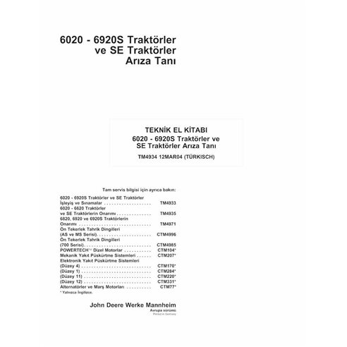 TM4934-TR John Deere 6020, 6120, 6220, 6320, 6420, 6420S, 6520, 6620, 6820, 6920 tractor pdf diagnostic technical manual TR