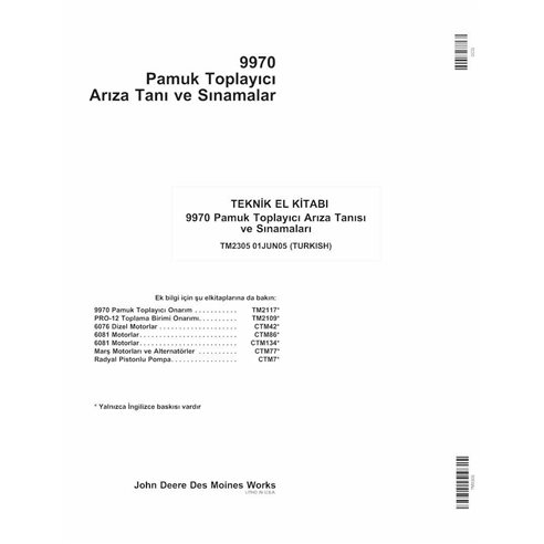 Colhedora de algodão John Deere 9970 pdf manual técnico de solução de problemas TR - John Deere manuais - JD-TM2305-TR