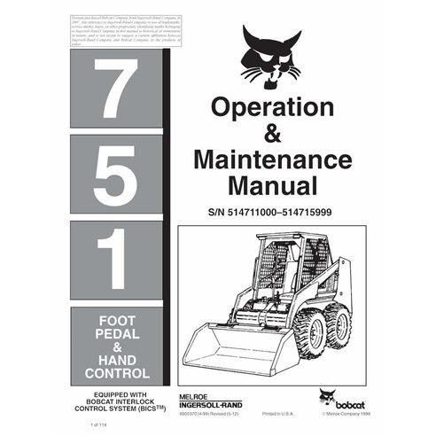 Bobcat 751 skid loader pdf operation & maintenance manual  - BobCat manuals - BOBCAT-751-6900370-EN
