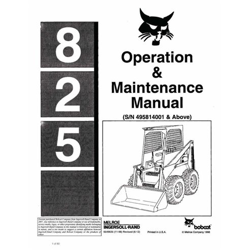 Bobcat 825 skid loader pdf operation & maintenance manual  - BobCat manuals - BOBCAT-825-6549635-EN