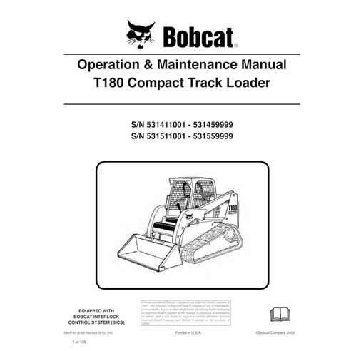 Bobcat T180 cargadora compacta con orugas pdf manual de operación y mantenimiento - Gato montés manuales - BOBCAT-T180-690414...