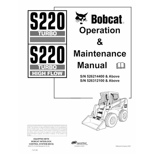 Bobcat S220, S220H skid steer loader pdf operation & maintenance manual  - BobCat manuals - BOBCAT-S220-6904176-EN