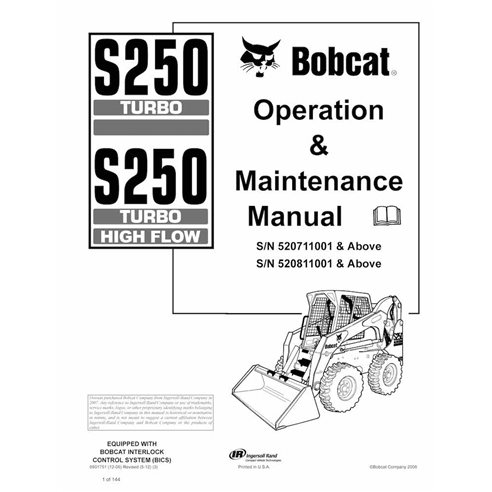 Bobcat S250, S250H chargeuse compacte pdf manuel d'utilisation et d'entretien - Lynx manuels - BOBCAT-S250-6901751-EN