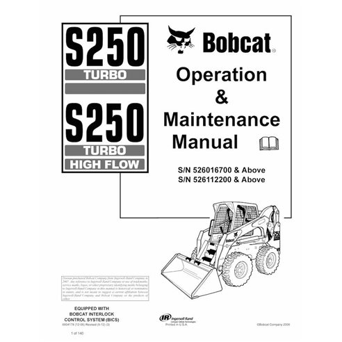 Bobcat S250, S250H skid steer loader pdf operation & maintenance manual  - BobCat manuals - BOBCAT-S250-6904178-EN