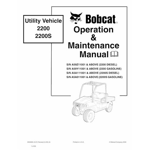 Bobcat 2200, 2200S véhicule utilitaire pdf manuel d'utilisation et d'entretien - Lynx manuels - BOBCAT-2200-6904895-EN