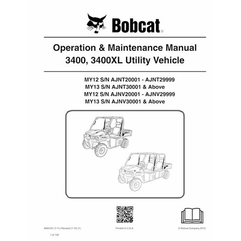 Bobcat 3400, 3400XL MY12, MY13 utility vehicle pdf operation & maintenance manual  - BobCat manuals - BOBCAT-3400-6990187-EN