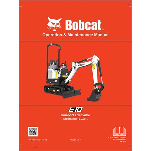 Bobcat E10 compact excavator pdf operation & maintenance manual  - BobCat manuals - BOBCAT-E10-7334487-EN