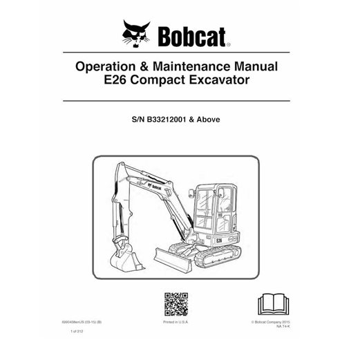 Bobcat E26 compact excavator pdf operation & maintenance manual  - BobCat manuals - BOBCAT-E26-6990438-EN