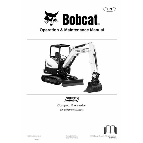 Bobcat E34 compact excavator pdf operation & maintenance manual  - BobCat manuals - BOBCAT-E34-7323254-EN