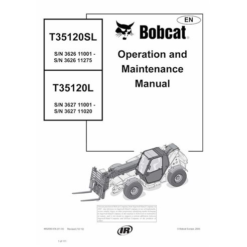 Bobcat T35120SL, T35120L manipulador telescópico pdf manual de operación y mantenimiento - Gato montés manuales - BOBCAT-T351...