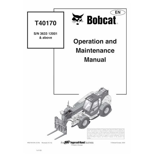 Bobcat T40170 telescopic handler pdf operation & maintenance manual  - BobCat manuals - BOBCAT-T40170-4852190-EN