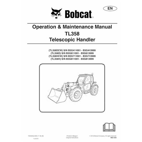 Bobcat TL358DCW, TL358D, TL358HCW, TL358H manipulador telescópico pdf manual de operación y mantenimiento - Gato montés manua...