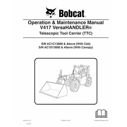 Bobcat V417 porte-outils télescopique pdf manuel d'utilisation et d'entretien - Lynx manuels - BOBCAT-V417-6989570-EN