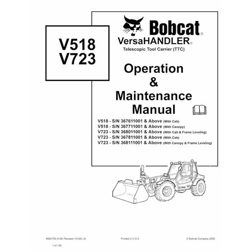 Bobcat V518, V723 porte-outils télescopique pdf manuel d'utilisation et d'entretien - Lynx manuels - BOBCAT-V518_V723-6902758-EN