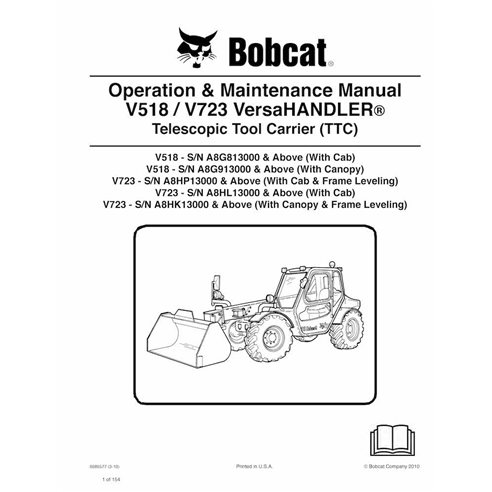 Bobcat V518, V723 porte-outils télescopique pdf manuel d'utilisation et d'entretien - Lynx manuels - BOBCAT-V518_V723-6989577-EN