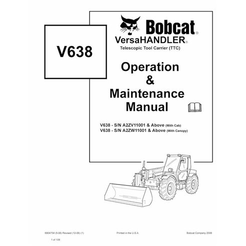 Bobcat V638 porte-outils télescopique pdf manuel d'utilisation et d'entretien - Lynx manuels - BOBCAT-V638-6904754-EN