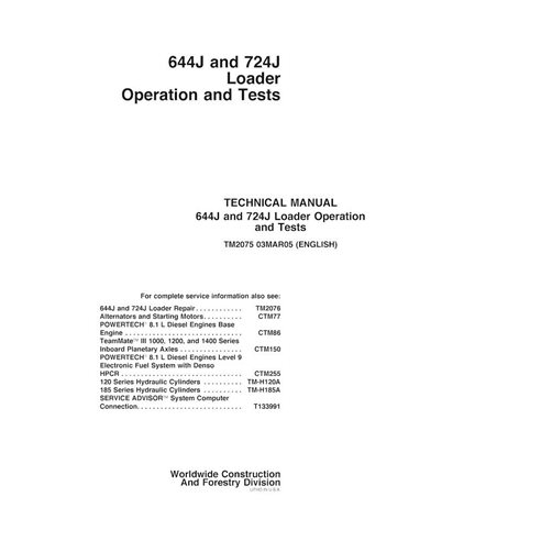 John Deere 644J, 724J loader pdf operação e manual técnico de teste - John Deere manuais - JD-TM2075-EN