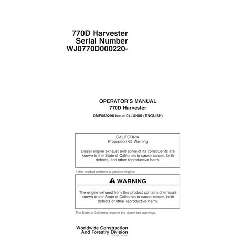 JD-F069298 John Deere 770D harvester operator's manual (F069298)