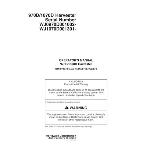 John Deere 970D, 1070D manual del operador del pdf de la cosechadora - John Deere manuales - JD-F071370-EN