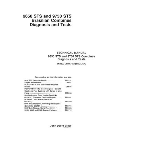 John Deere 9650 STS, 9750 STS combinam diagnóstico em pdf e manual de testes - John Deere manuais - JD-TM2302-EN
