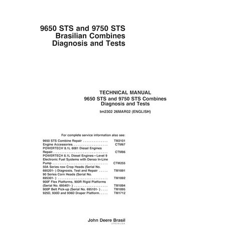 TM2302 Manual de diagnóstico y pruebas para las cosechadoras John Deere 9650 STS y 9750 STS (TM2302)