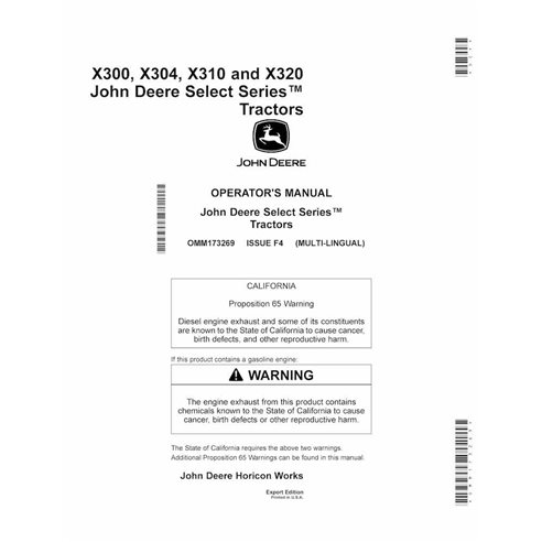 John Deere X300, X304, X310, X320 tractor manual del operador pdf - John Deere manuales - JD-OMM173269-EN
