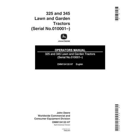 John Deere 325, 345 trator de grama pdf manual do operador - John Deere manuais - JD-OMM134133-EN
