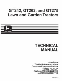 John Deere GT242, GT262, GT275 tracteur de pelouse manuel technique pdf - John Deere manuels - JD-TM1582-EN