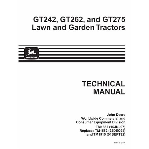 TM1582 John Deere GT242, GT262, GT275 trator de grama pdf manual técnico