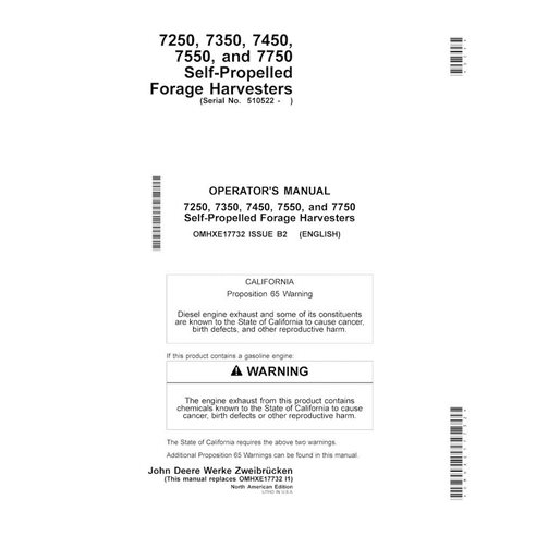 Cosechadora de forraje john deere 7250, 7350, 7450, 7550, 7750 pdf manual del operador - John Deere manuales - JD-OMHXE17732-EN
