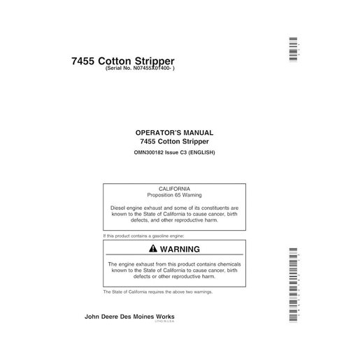 JD-OMN300182 Manual do operador da colhedora de algodão John Deere 7455 (OMN300182)