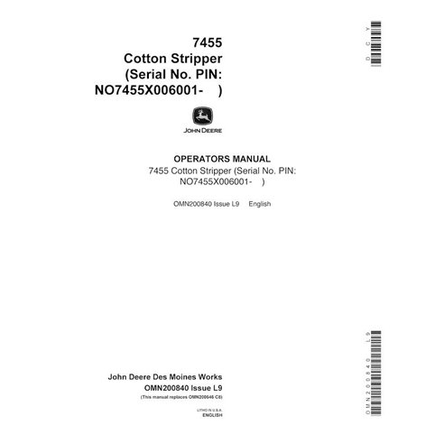 John Deere 7455 colhedora de algodão pdf manual do operador - John Deere manuais - JD-OMN200840-EN