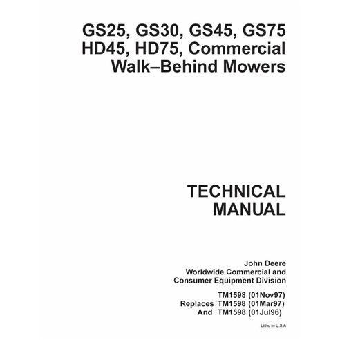John Deere GS25, GS30, GS45, GS75, HD45, HD75, cortacésped comercial pdf manual técnico - John Deere manuales - JD-TM1598-EN
