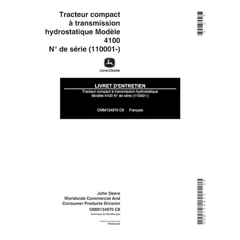 John Deere 4100 trator utilitário compacto pdf manual do operador FR - John Deere manuais - JD-OMM134970-FR