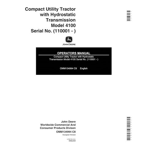 Manual do operador do trator utilitário compacto John Deere 4100 pdf - John Deere manuais - JD-OMM134994-EN