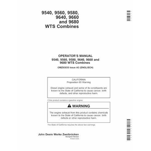 JD-OMZ93035 Manuel d'utilisation de la moissonneuse-batteuse John Deere 9540, 9560, 9580, 9640, 9660, 9680 WTS (OMZ93035)
