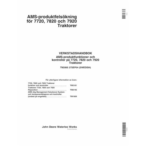 TM2895-SV John Deere 7720, 7820, 7920 tractor technical manual SV (TM2895)